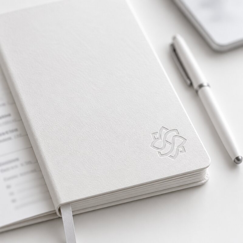 Blind embossed, on the notebook.