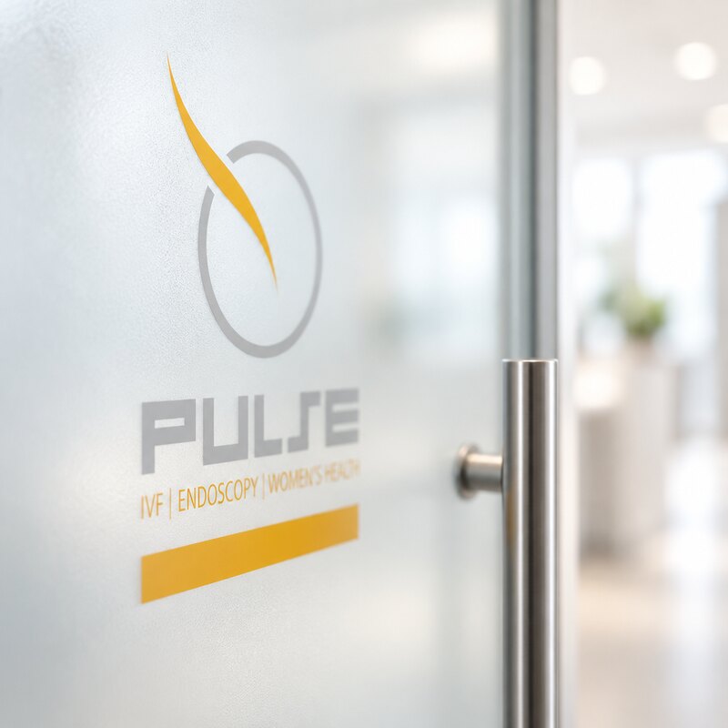 Entrance signage on frosted glass.
